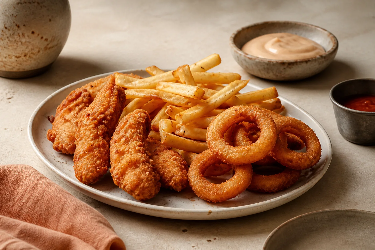 Patates kızartması, tavuk tenders ve soğan halkası